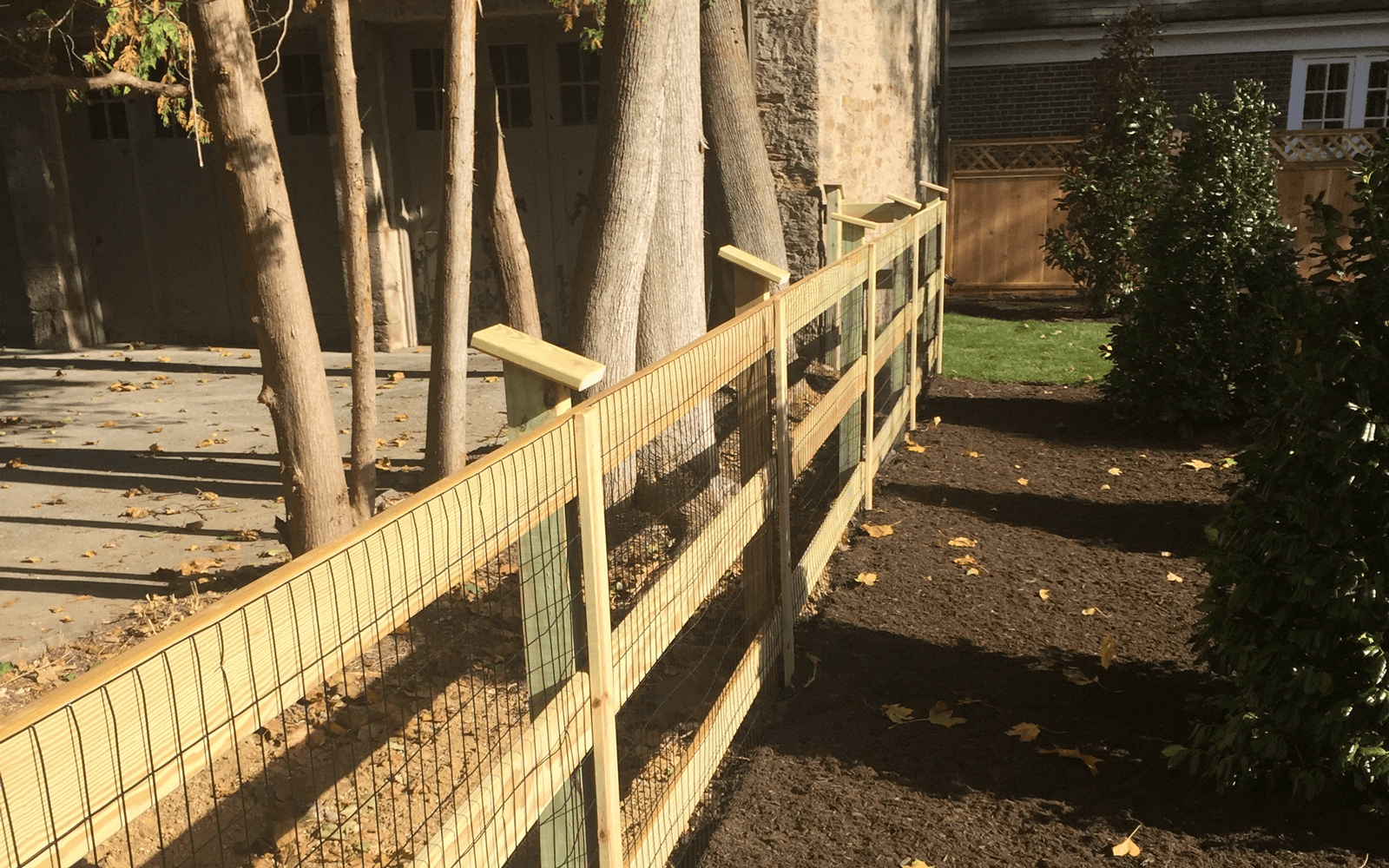 A wooden fence in a yard with mulch